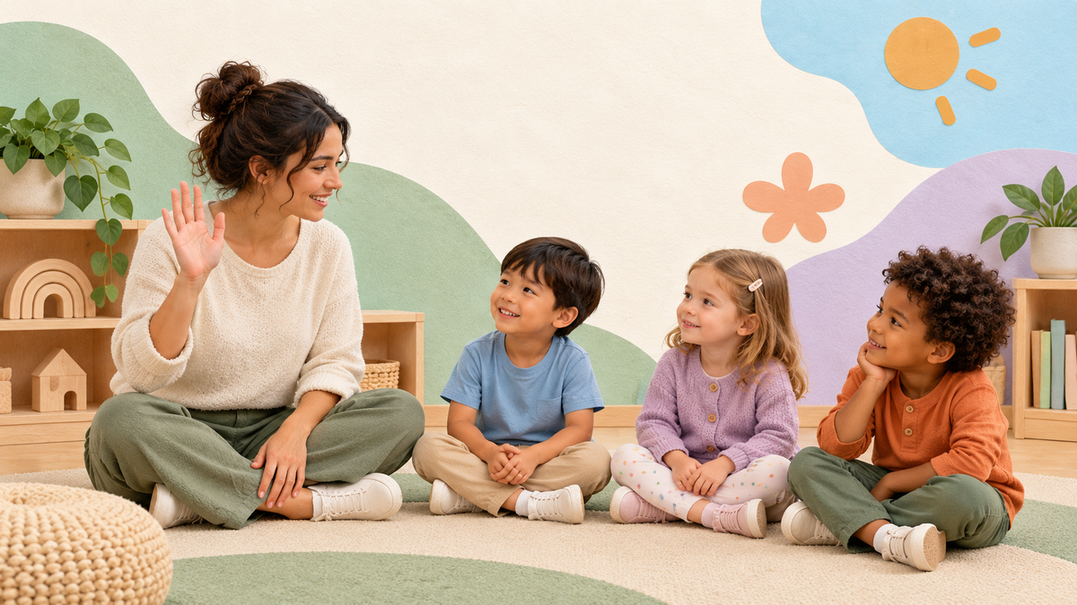 A teacher gives a small wave while three young children watch during a classroom listening turn.