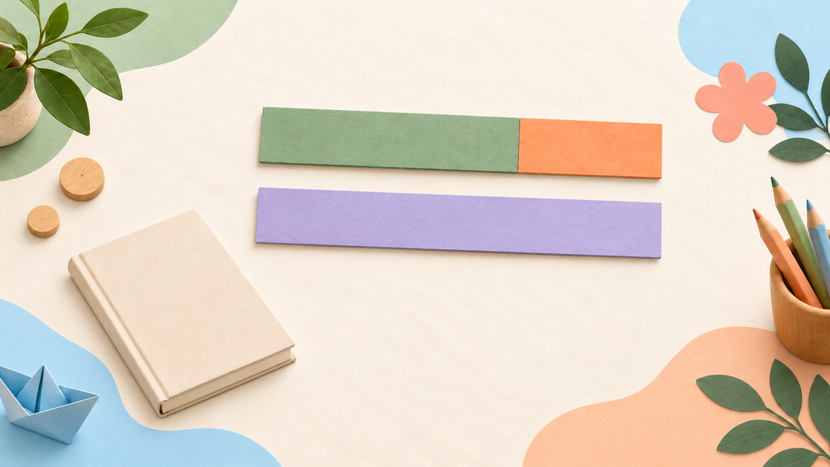 A two-part sage and apricot paper strip beside one intact lavender strip and a plain reading book, a conceptual illustration of parts and a whole.
