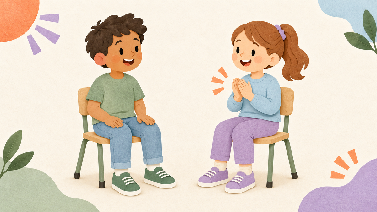 Two illustrated children seated side by side, one resting hands on thighs to tap and the other clapping
