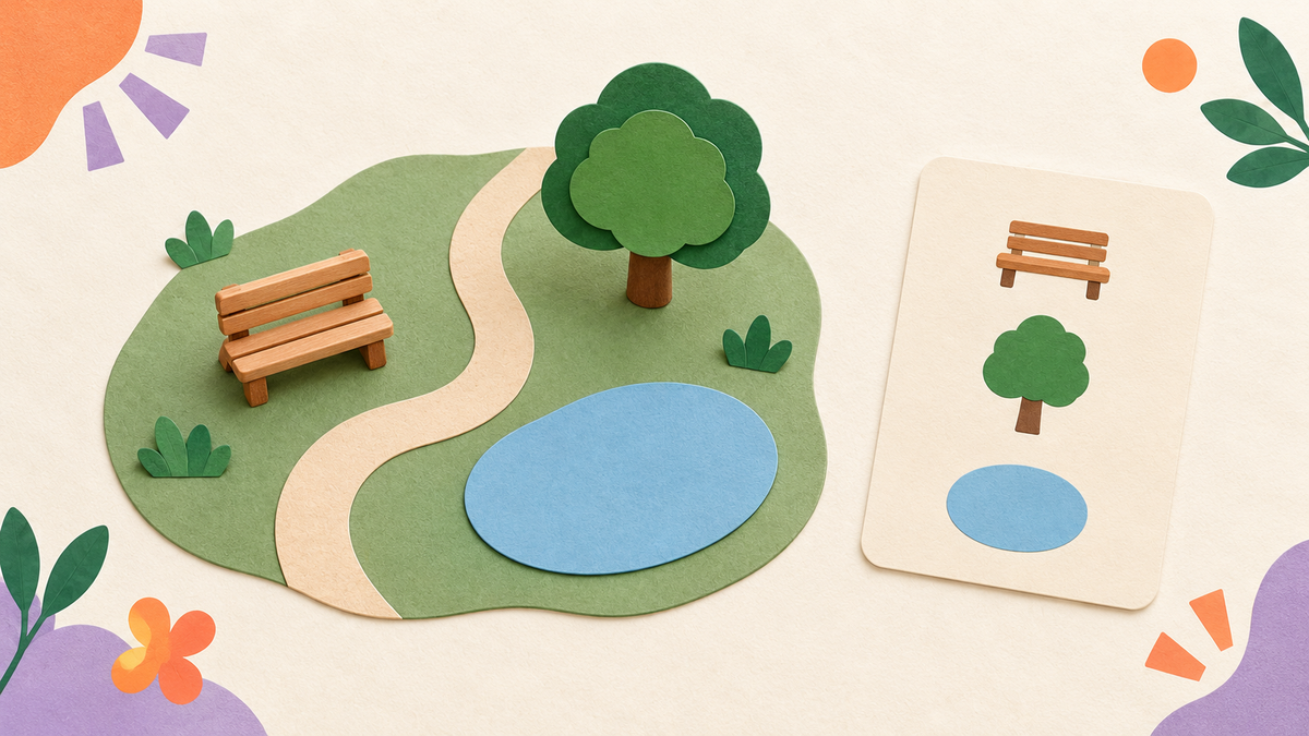 A miniature park with a bench, tree and pond beside matching wordless symbols
