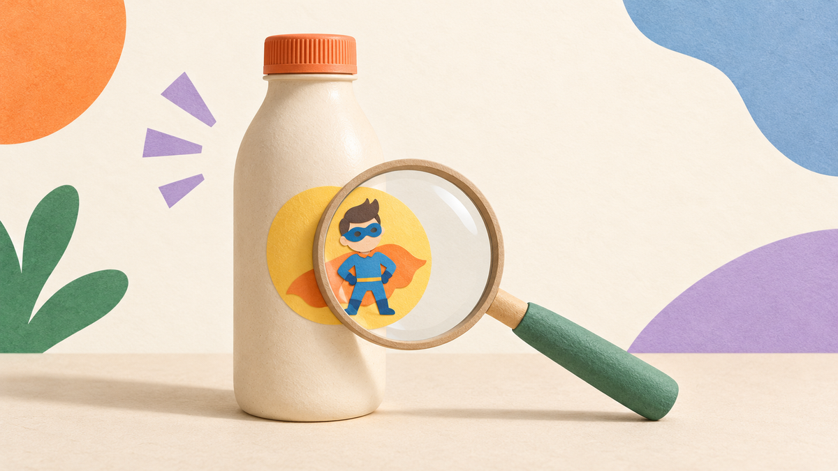 A plain bottle with a fictional superhero sticker viewed through a magnifying glass