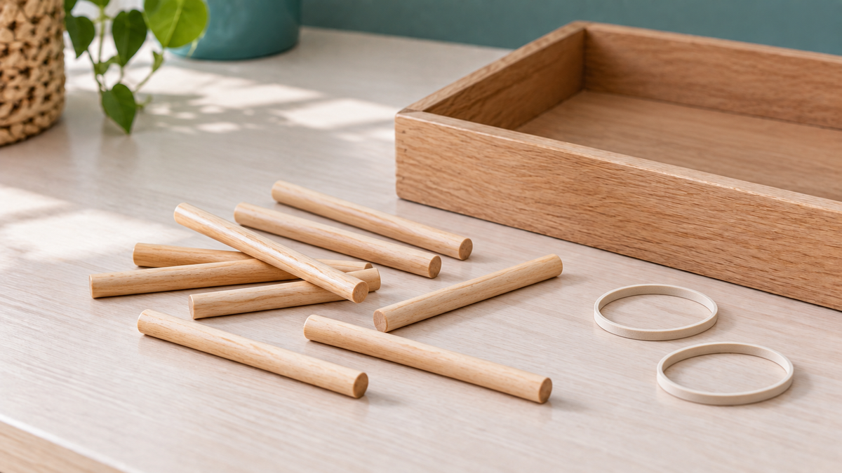 Loose wooden counting sticks and two empty elastic bands beside a tray, ready for a grouping activity.