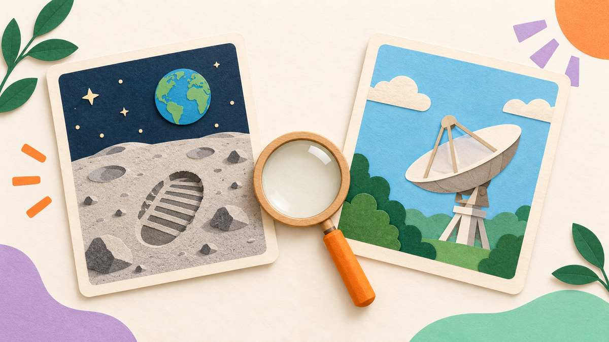 Paper-collage illustration of two views of the Moon landing: a Moon bootprint and a radio telescope, with a magnifying glass for comparing sources.