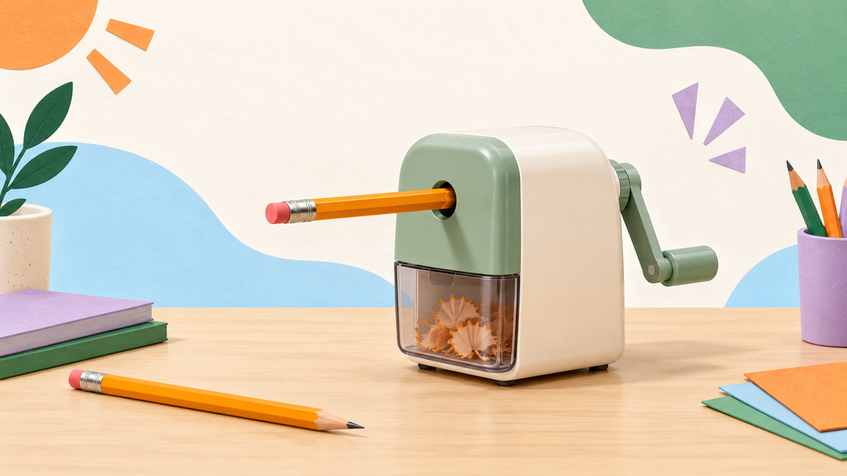 A pencil enters an intact manual crank sharpener with shavings visible in its closed collector; a sharpened pencil lies nearby.