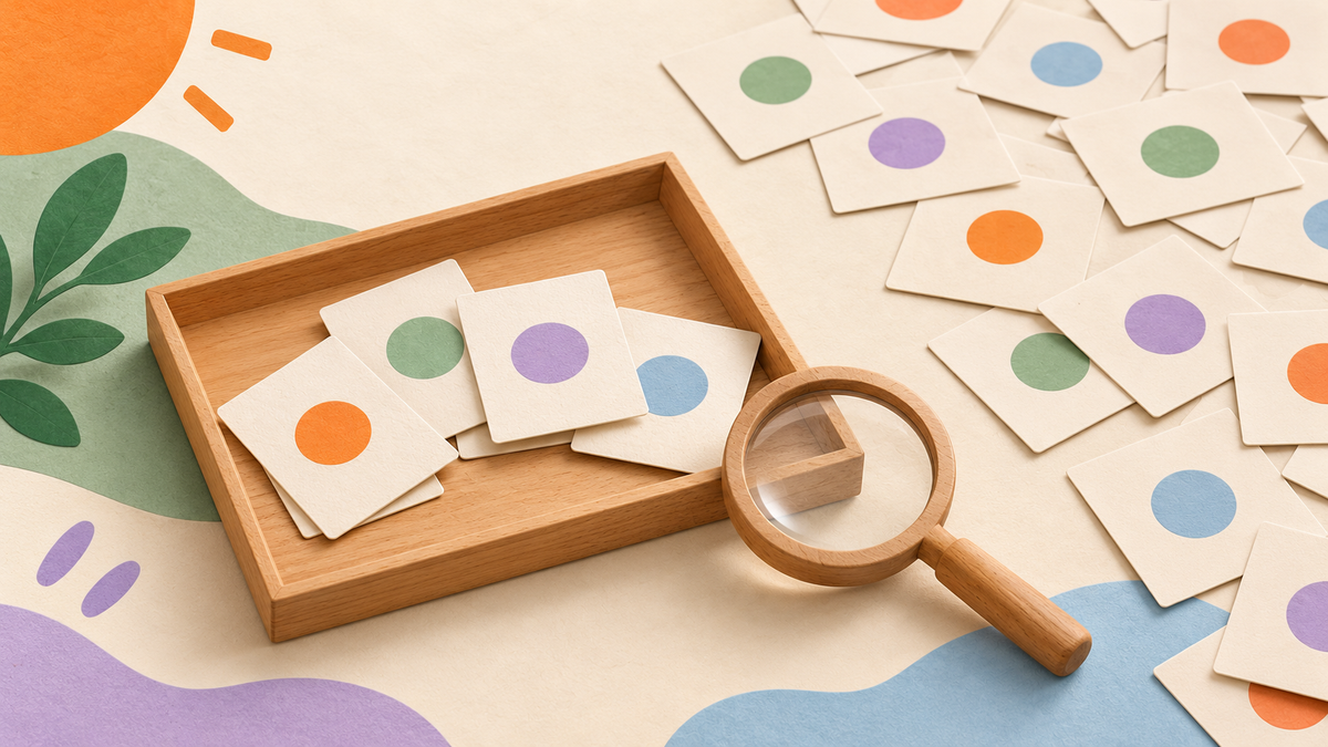 A wooden magnifying glass sits beside a tray containing a small group of circle cards, with more cards spread across the table.