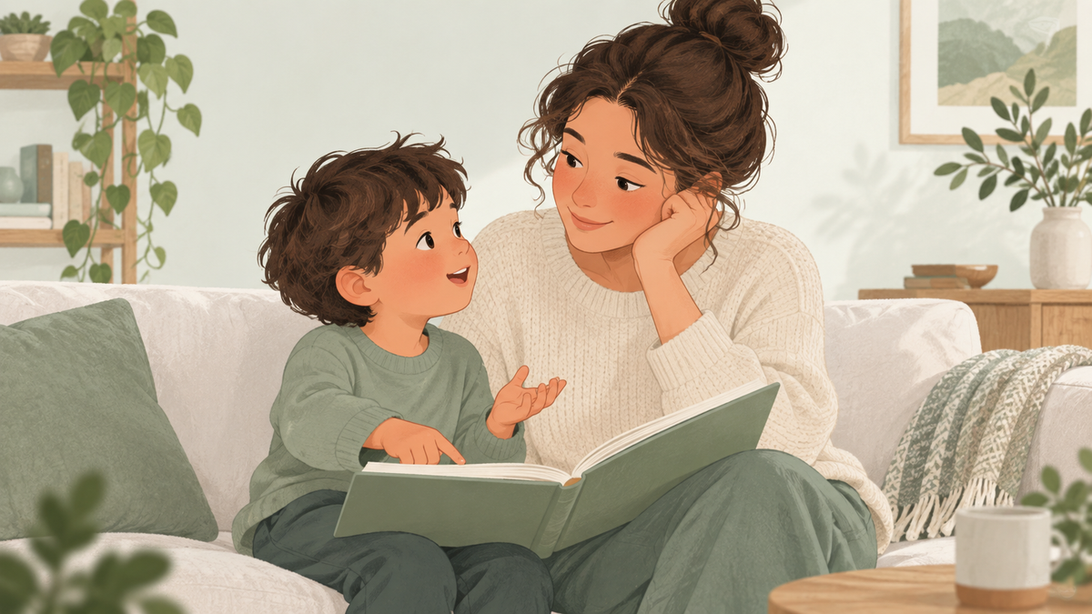 A parent listens as a young child shares an idea and points to an open book.