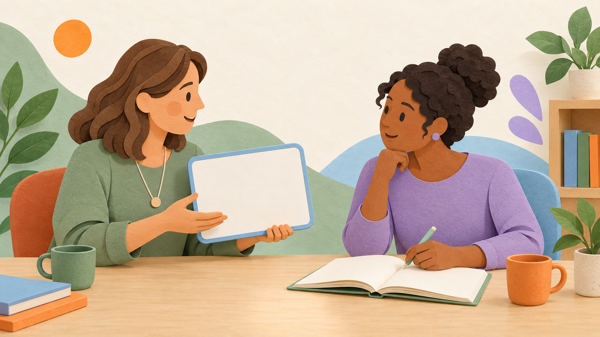 Two adult colleagues rehearse a teaching prompt with a blank mini-whiteboard and an open planning notebook.