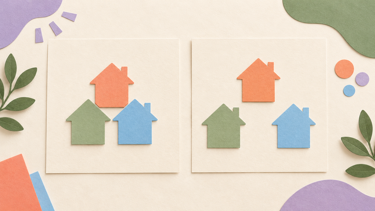 Two arrangements of the same three coloured paper house shapes, clustered on one sheet and spread apart on the other.