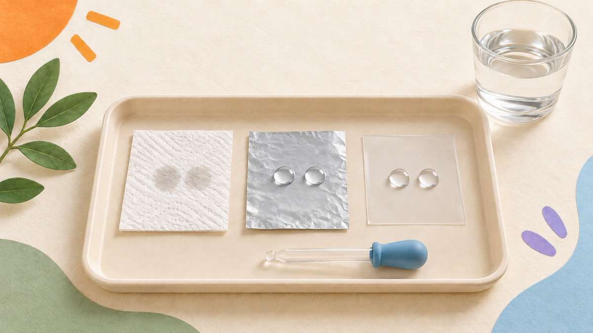 Paper towel, foil and clear plastic on a tray illustrate a wet patch and water beads during a home investigation.