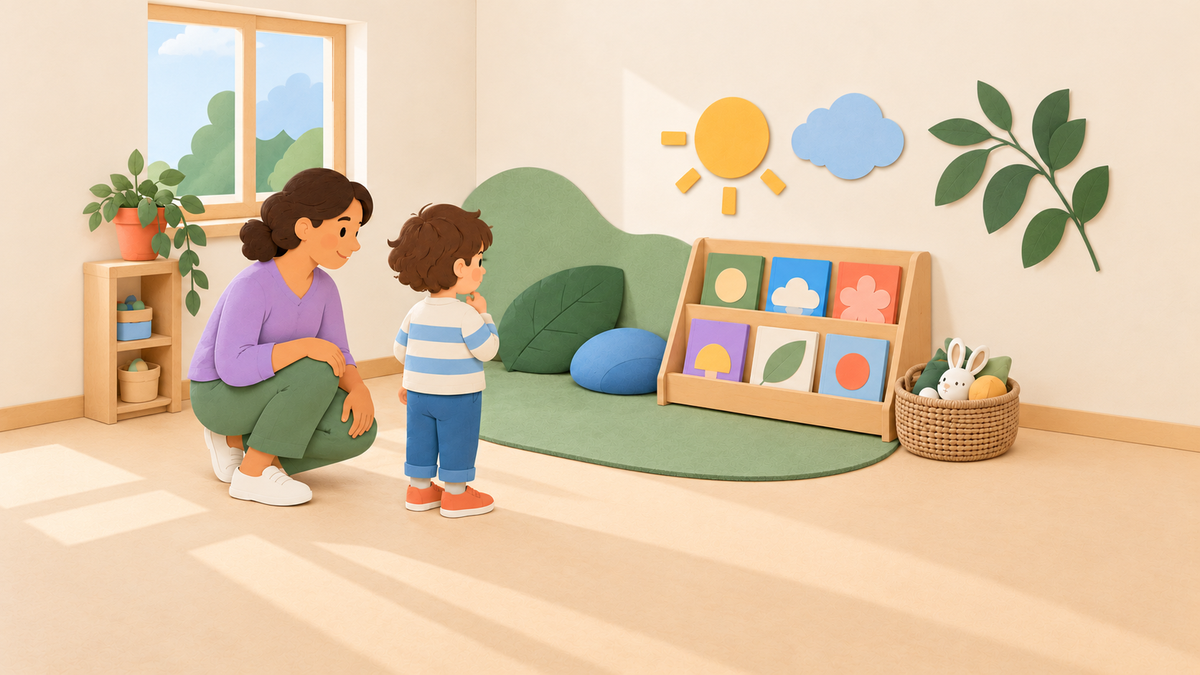 A child and educator beside a low book rack, with an uncluttered path into the reading area.