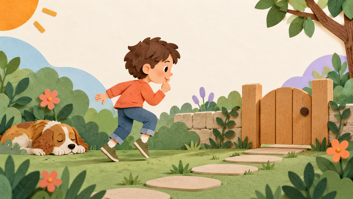 Tactile paper-collage illustration of a child moving carefully towards a garden gate beside a sleeping dog.