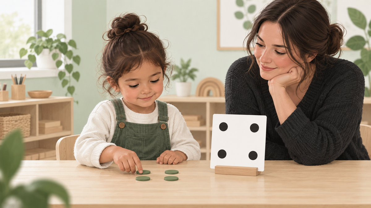 Teacher observing a child use counters after viewing a four-dot square arrangement.