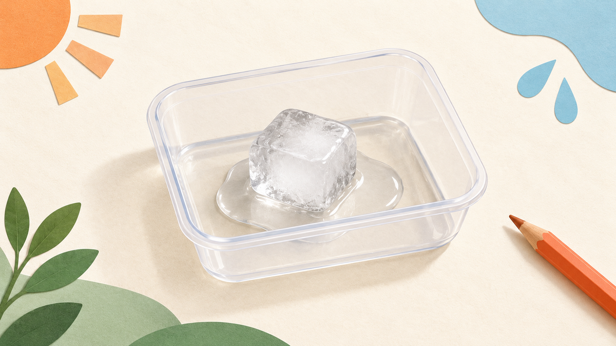 One softened ice cube sits in a shallow pool of clear water inside a transparent plastic container.