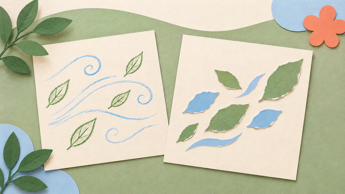 Two illustrative artworks share an idea of leaves in wind, using pencil marks on one page and torn-paper shapes on the other.