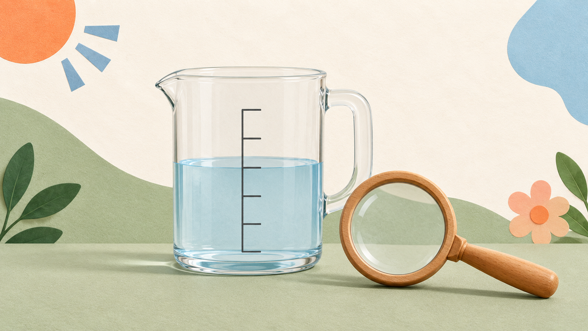 An unlabelled six-mark scale on a clear measuring jug beside a wooden magnifying glass.