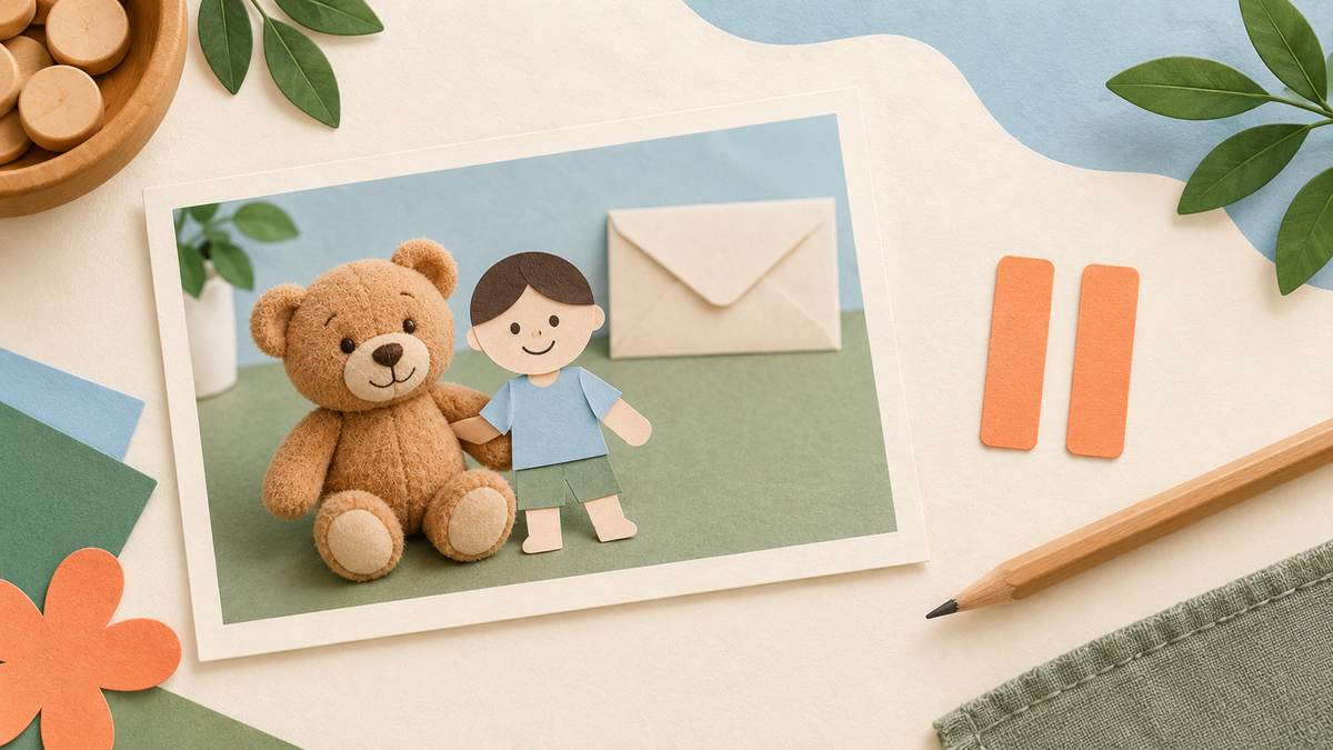 A pretend picture card shows a toy bear beside a paper figure and a plain envelope, with an apricot pause symbol beside it.