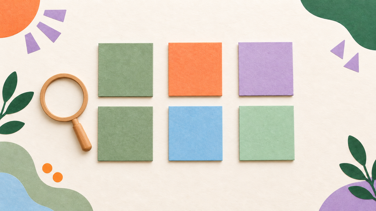 A magnifying glass beside two aligned rows of coloured paper tiles, with matching first tiles and different middle tiles.