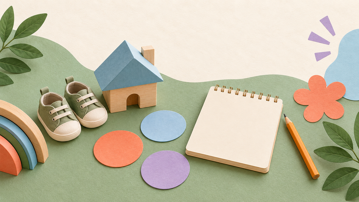 A toy wooden house, a pair of small shoes and a blank enquiry notepad on a textured sage and cream tabletop.