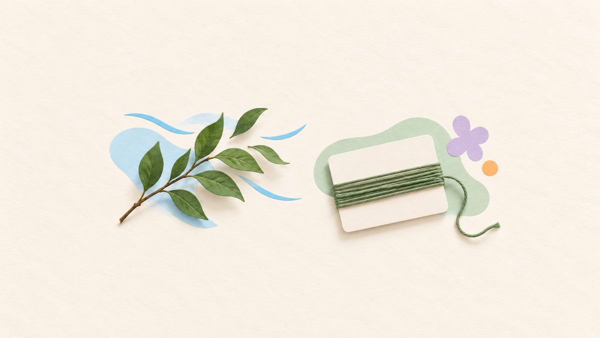 A leafy twig in an illustrated breeze beside a blank card wrapped with string, showing two meanings of wind.