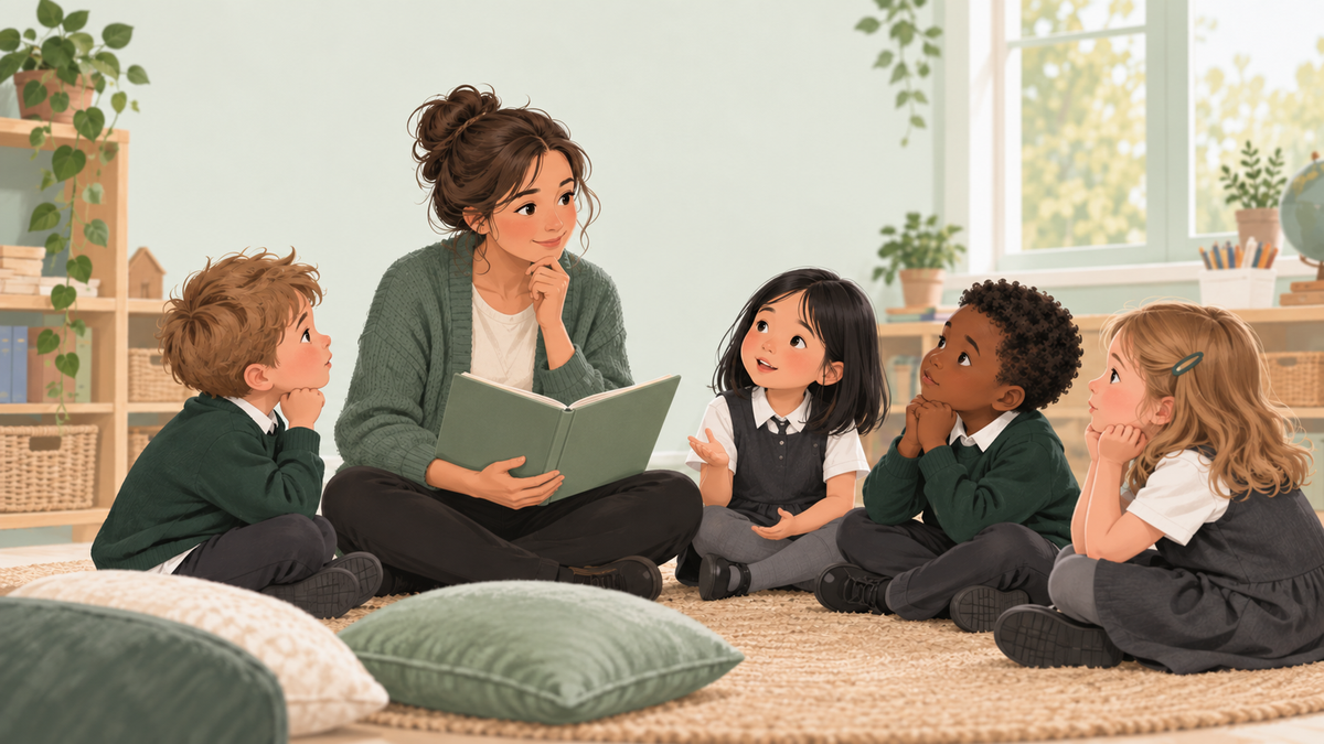 Teacher pauses during a read-aloud as Year 2 children reconsider a prediction together.