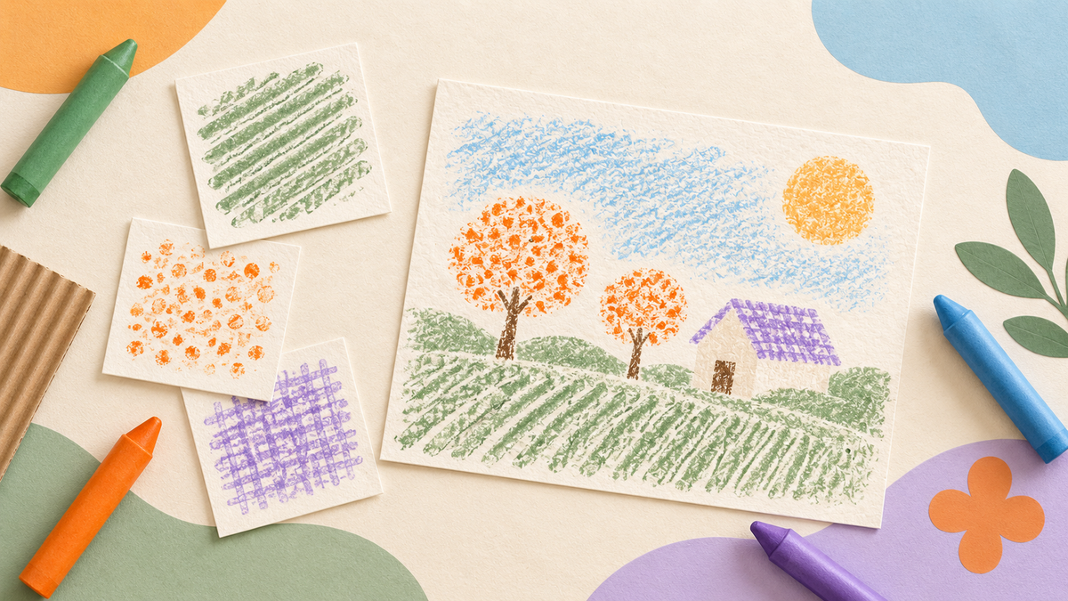 Three crayon texture trials beside a landscape that uses ridged marks for a field, dotted tree crowns and a crosshatched roof.