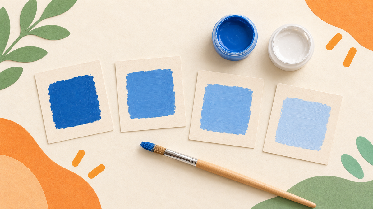 Four separate paper cards show blue paint and three lighter tints, beside blue and white paint pots and a brush.