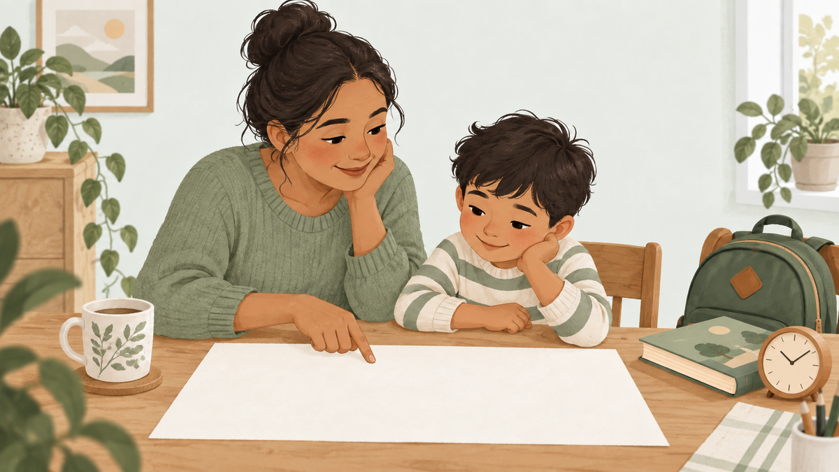 A parent and child prepare to work out a journey time, with blank paper and a clock beside them.