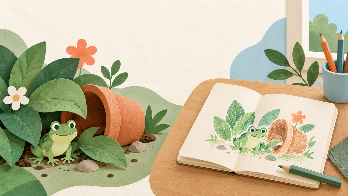 A frog beside a tipped flowerpot in the garden, with the same discovery drawn in a notebook indoors.