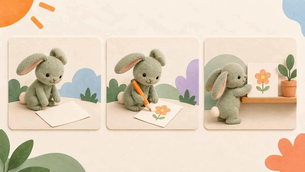 Three picture cards show a fictional toy rabbit finding blank paper, drawing an orange flower and displaying the finished picture on a shelf.