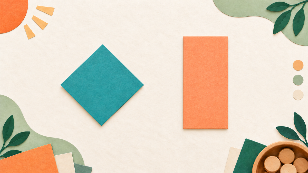 A cut-paper square turned on a vertex beside a taller non-square rectangle