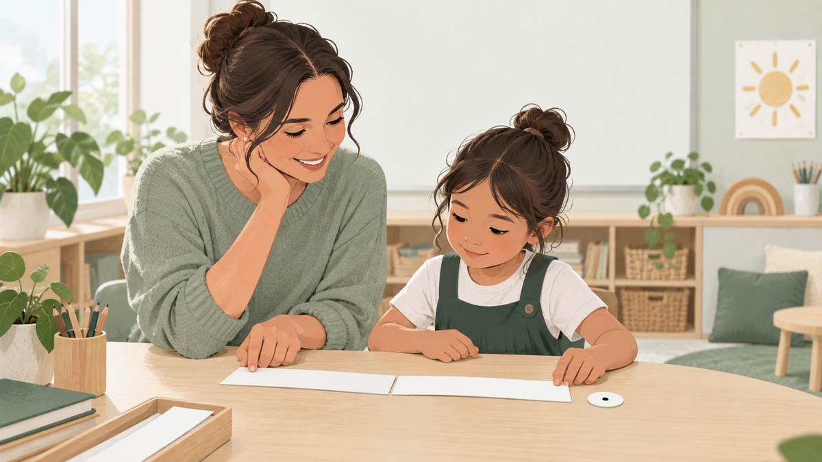 Teacher and young student consider where to place a full stop beside moveable paper strips in a classroom.