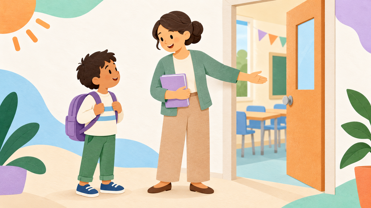 Cut-paper illustration of an older primary child with a backpack asking an adult educator for help beside a classroom doorway.