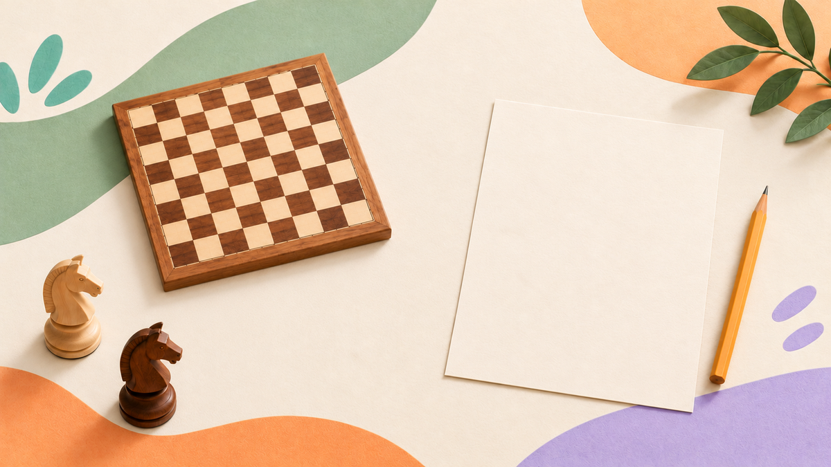 A wooden chessboard and two chess knights beside a blank writing sheet and pencil