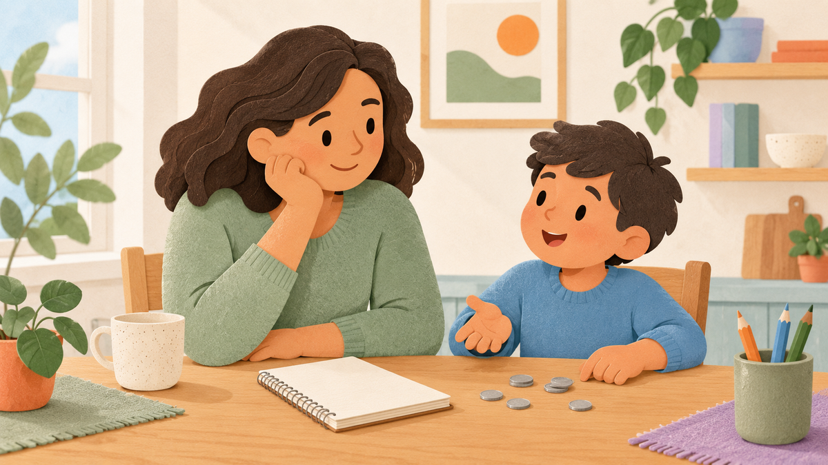 A parent listens as a child talks about a few coins at a home table.