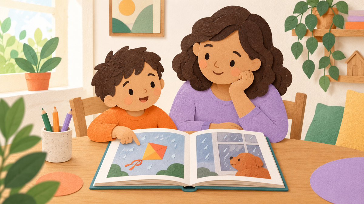 Paper-collage illustration of a parent listening to a child during shared reading, with a fictional wordless kite-and-rain picturebook.