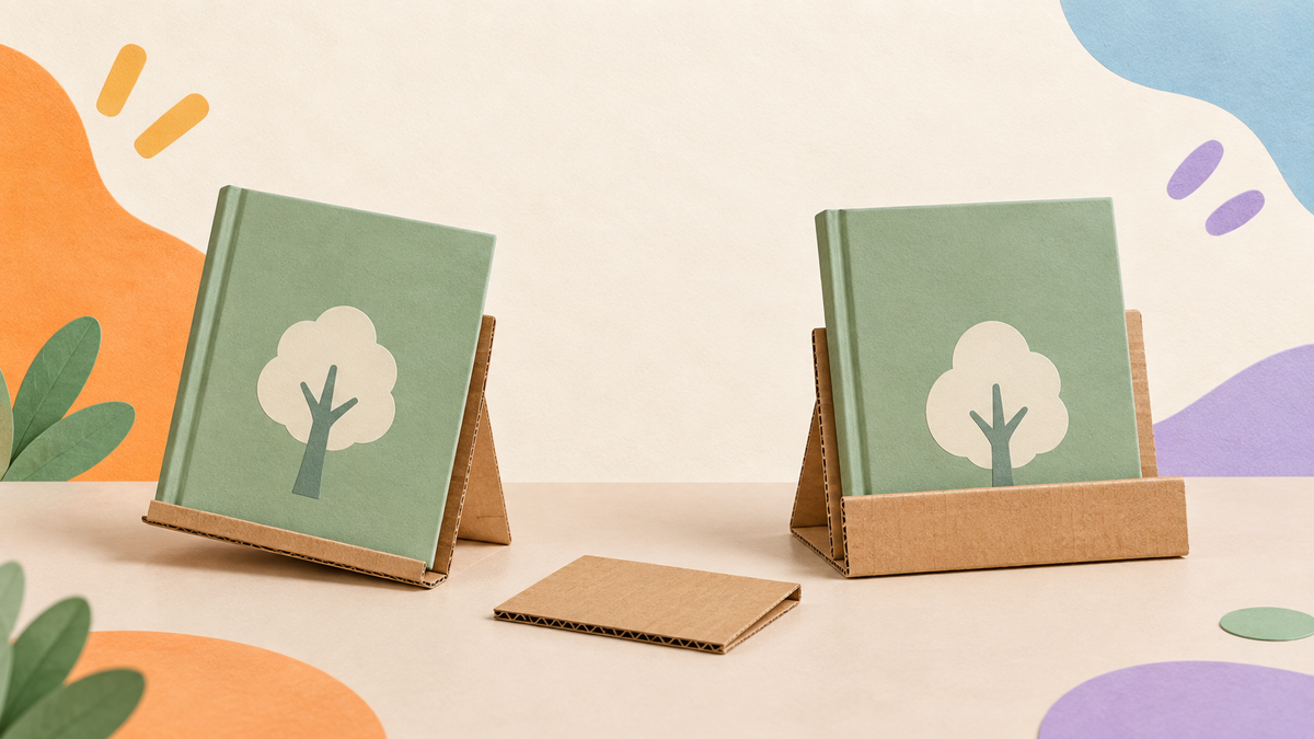 Two cardboard book-stand designs: a tilted book on the left and a wider front lip partly covering the book illustration on the right.