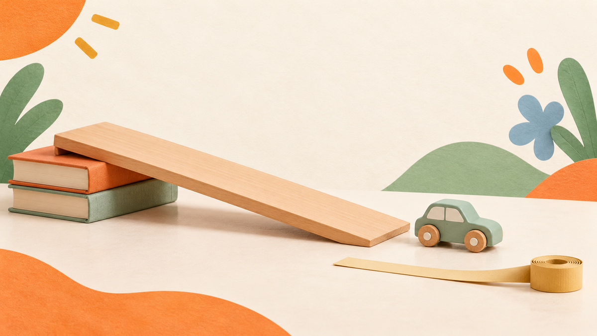 A small toy car rests beyond a low wooden ramp supported by two books, with a plain measuring tape beside it.