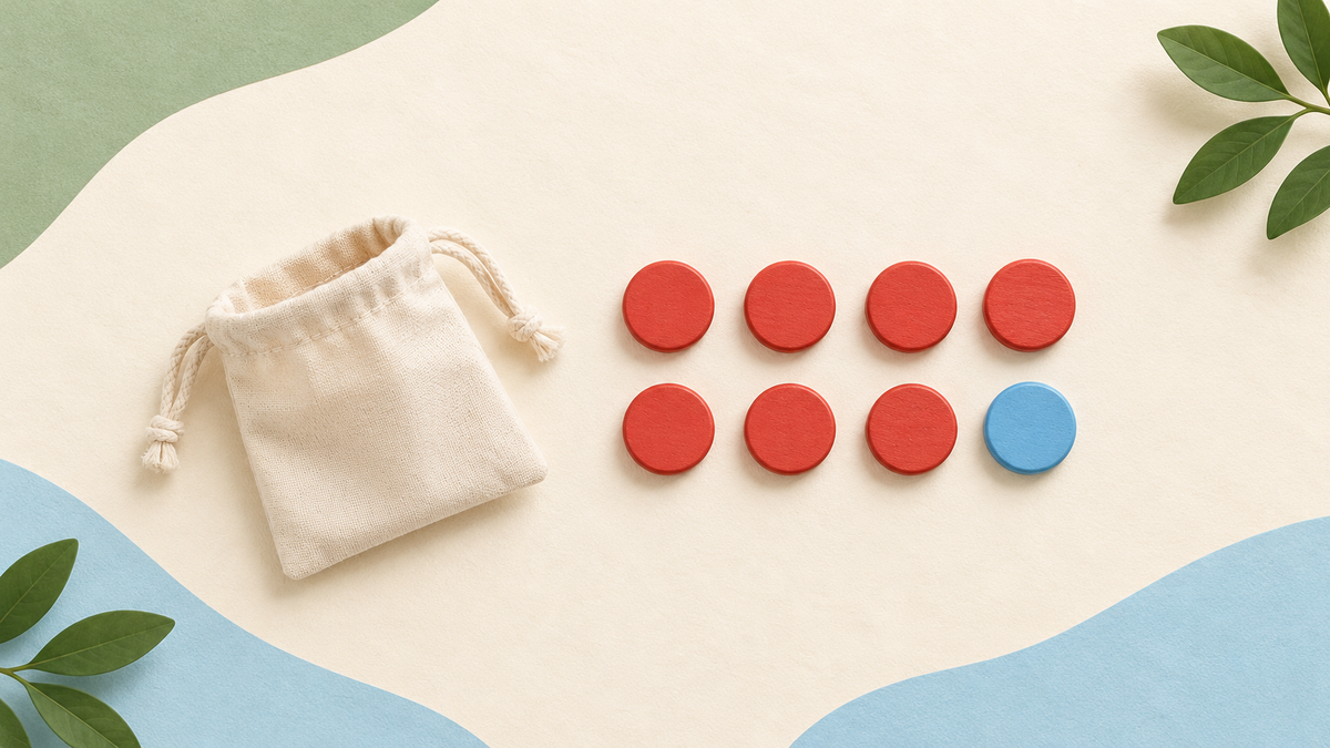 Seven red counters and one blue counter, arranged in two rows of four beside a plain cloth bag.