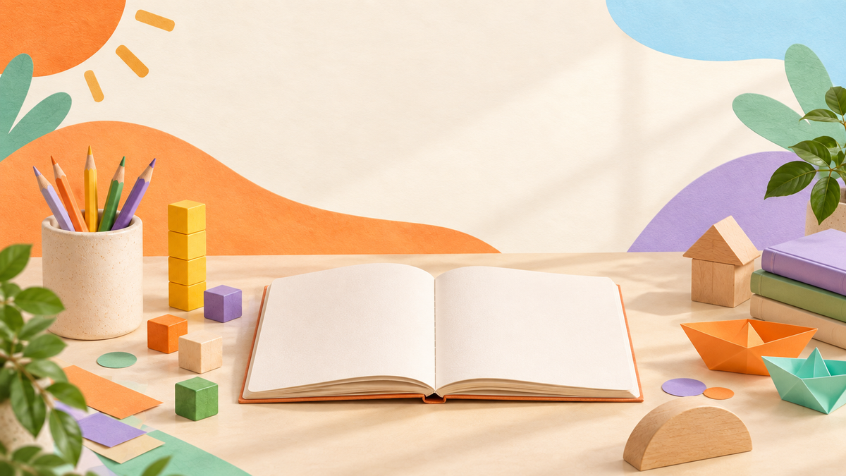 A welcoming learning desk with an open book, colourful pencils, wooden blocks and textured paper shapes.