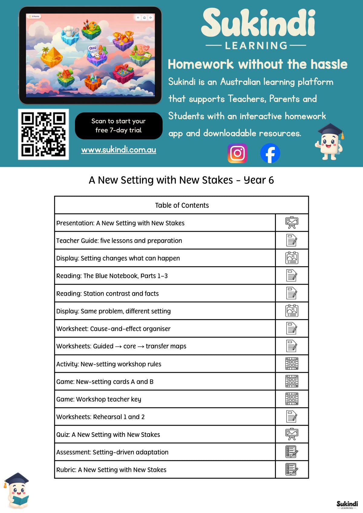 A New Setting with New Stakes — Year 6 English Unit Plan — table of contents