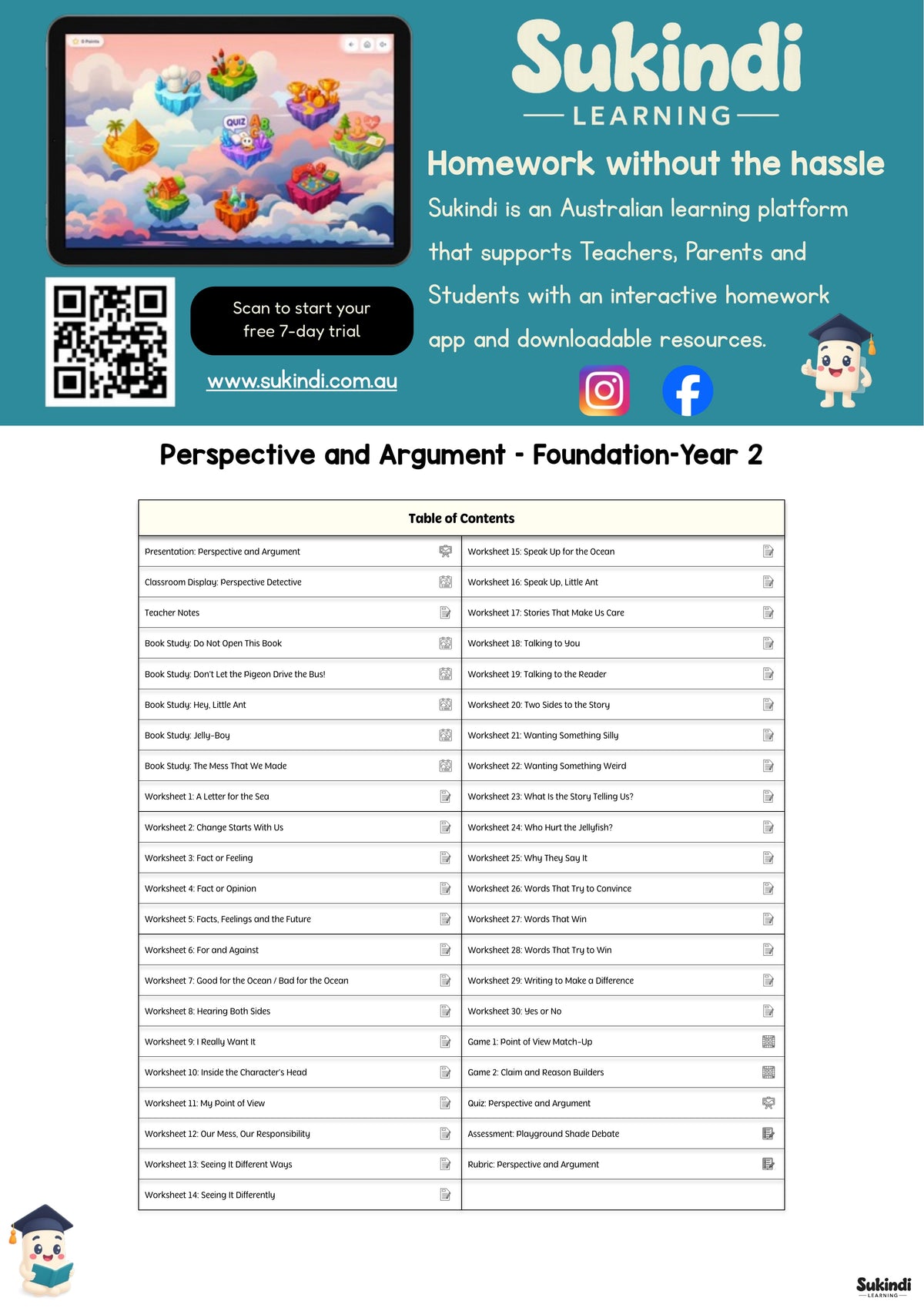 Perspective and Argument Unit — Foundation to Year 2 — table of contents