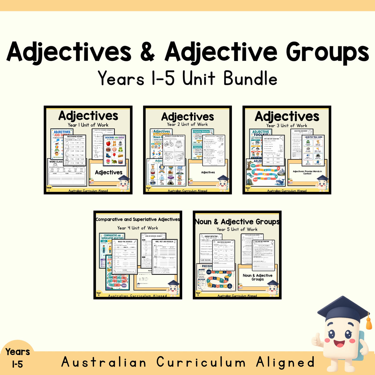 Adjectives & Adjective Groups Years 1–5 English Unit Bundle cover showing every included unit