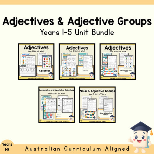 Adjectives & Adjective Groups Years 1–5 English Unit Bundle cover showing every included unit