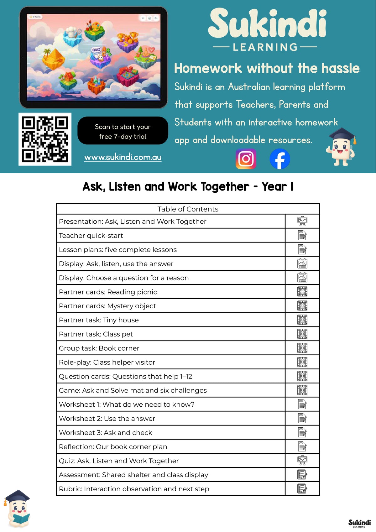 Ask, Listen and Work Together - Year 1 — table of contents