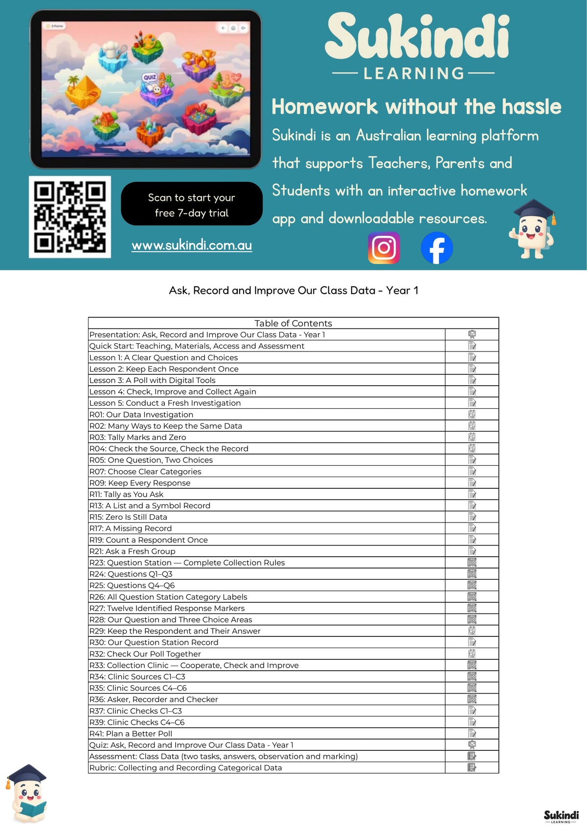 Ask, Record and Improve Our Class Data - Year 1 — table of contents