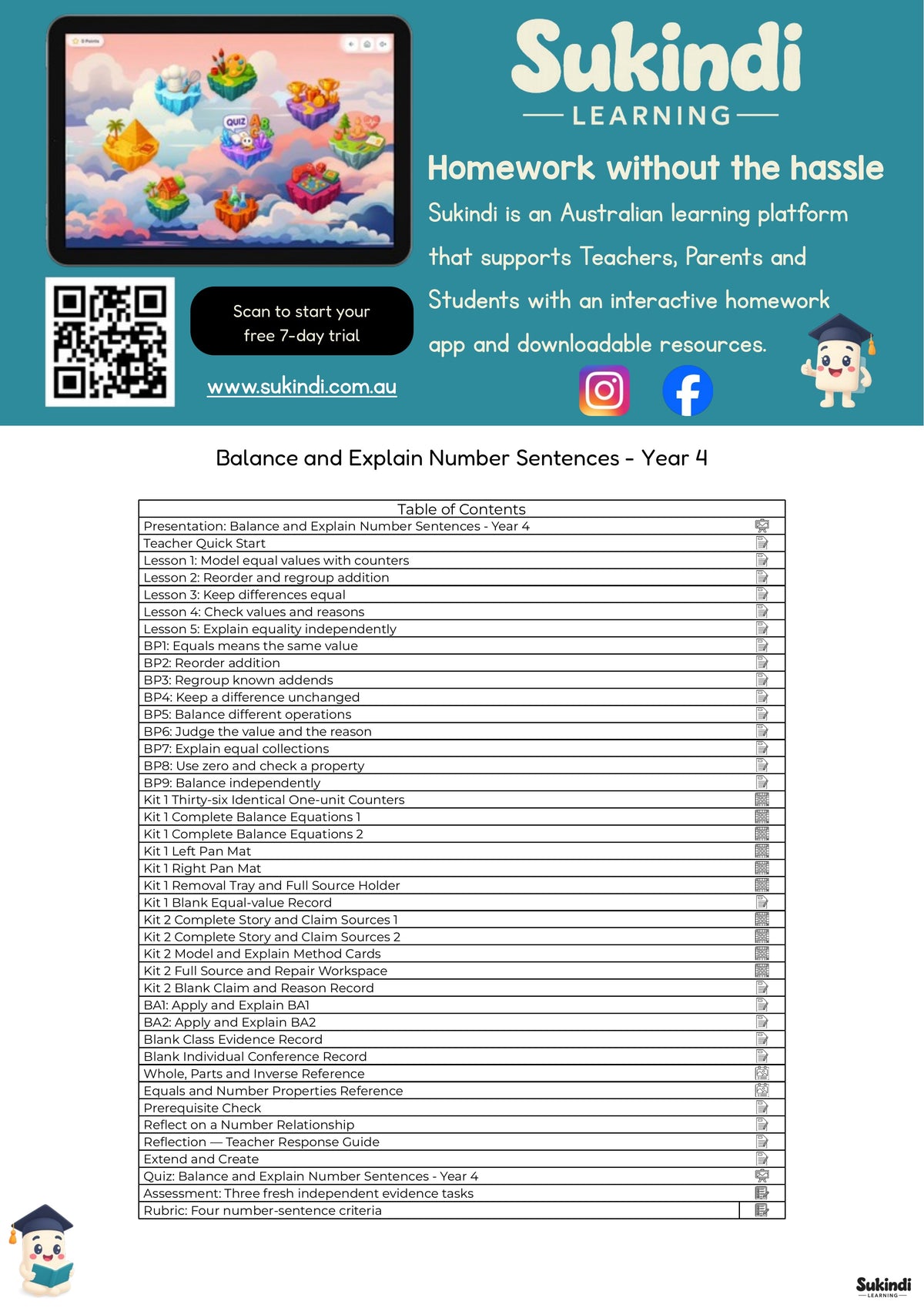 Balance and Explain Number Sentences - Year 4 — table of contents