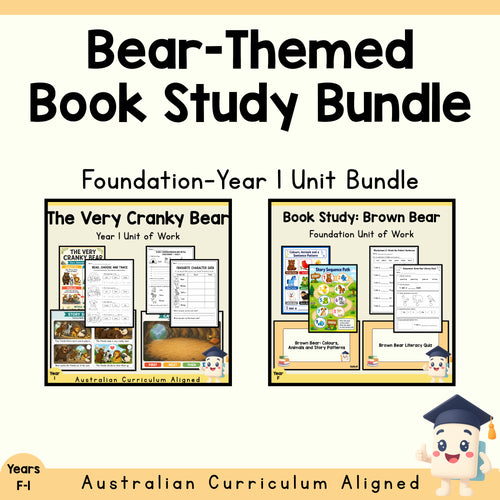 Bear-Themed Book Study Bundle | Foundation–Year 1 cover showing every included unit