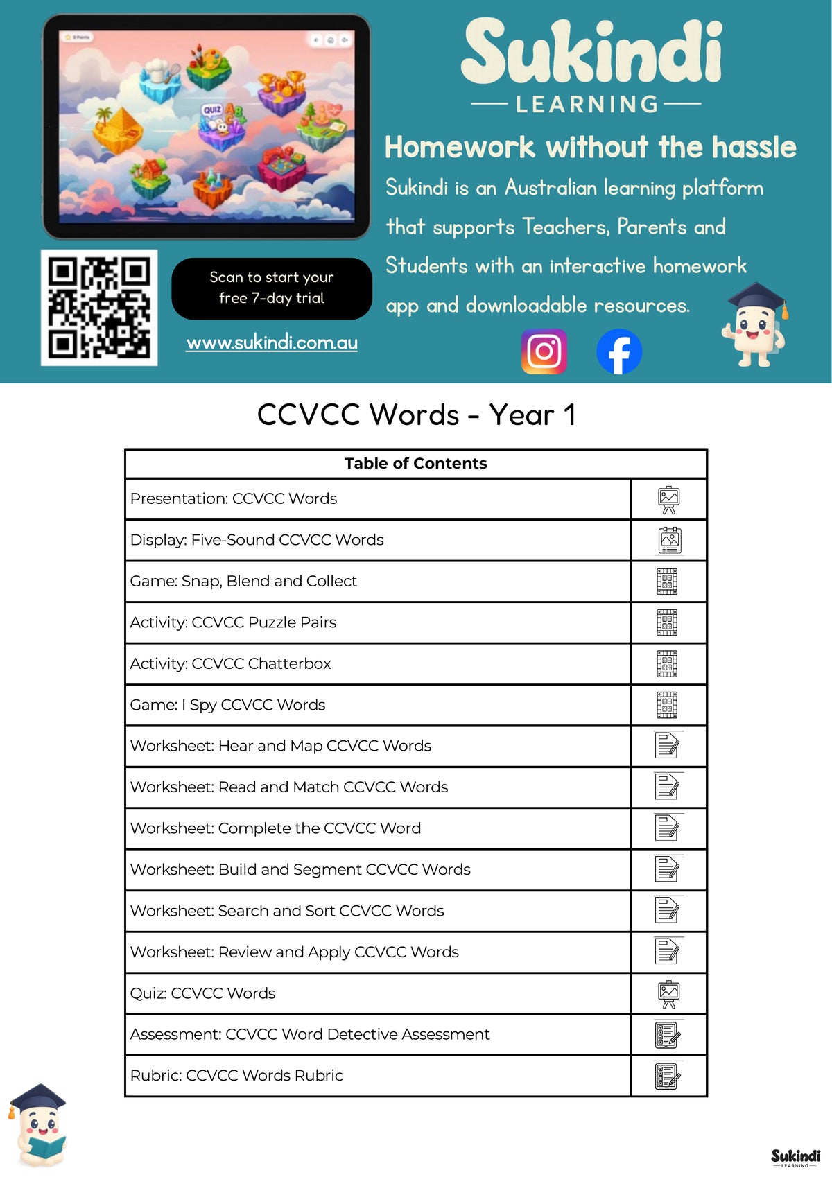 Year 1 CCVCC Words Unit
