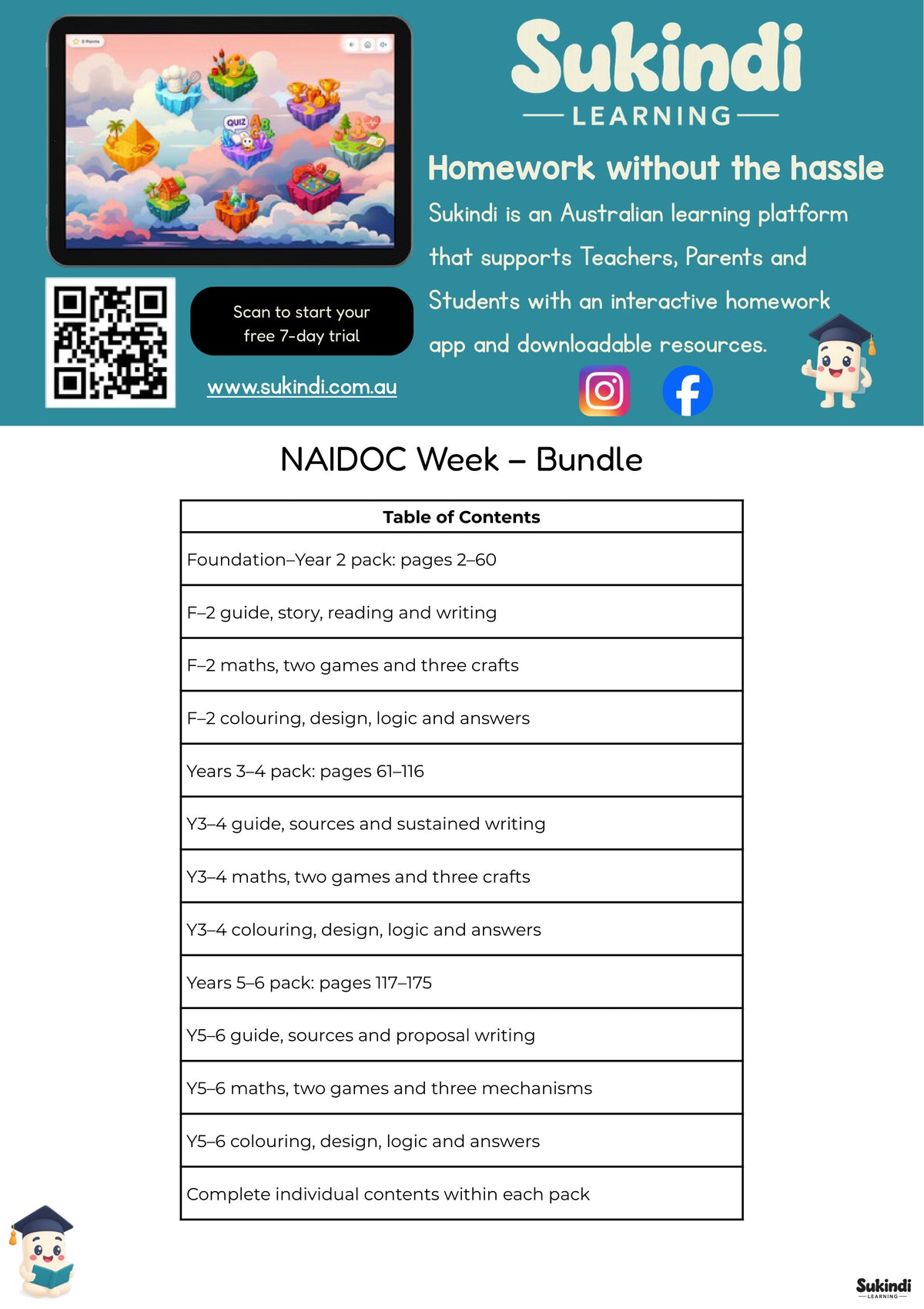 NAIDOC Week Foundation–Year 6 Activity Pack Bundle — table of contents