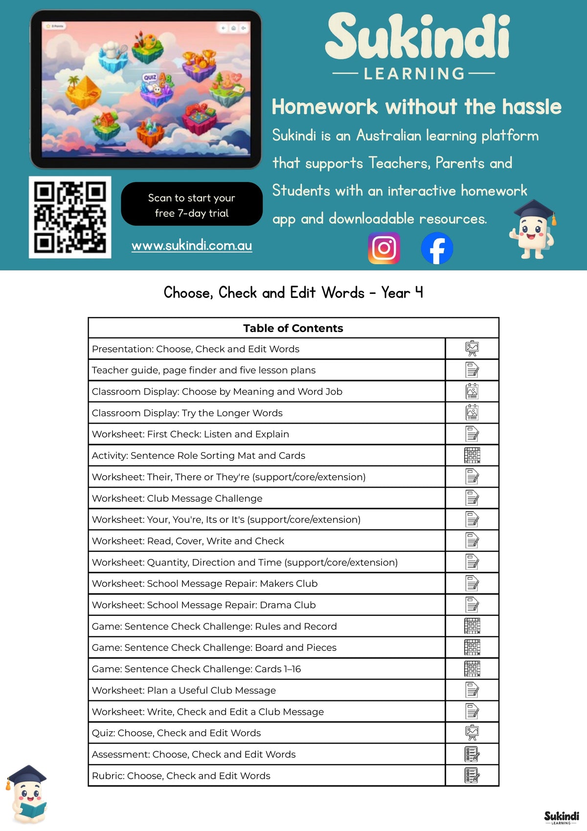 Choose, Check and Edit Words - Year 4 — table of contents